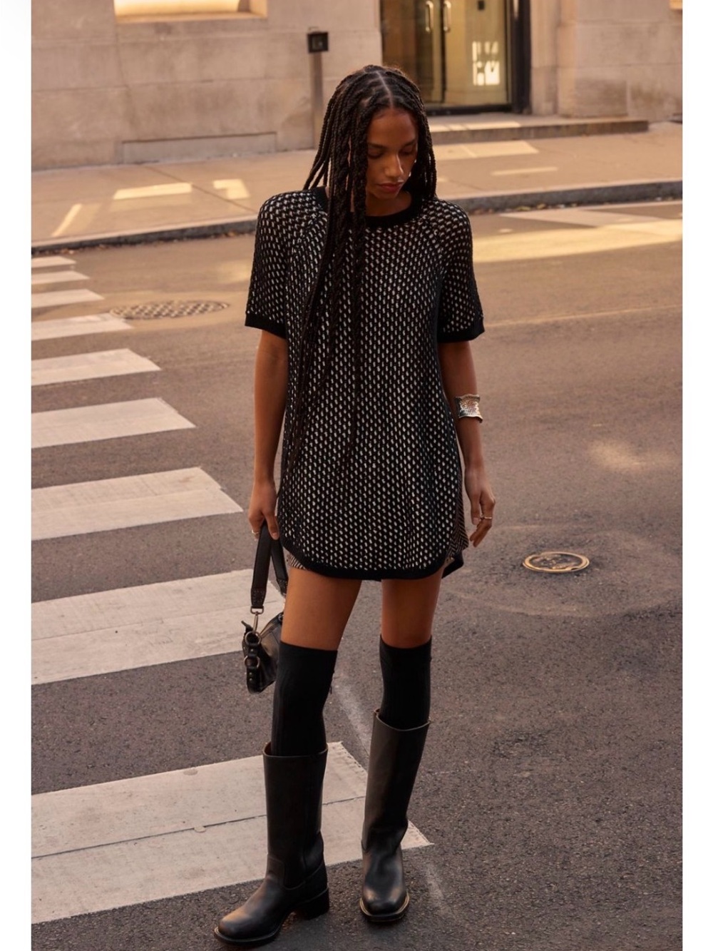 Free People Black Open-Weave Short Sleeve Mini Dress